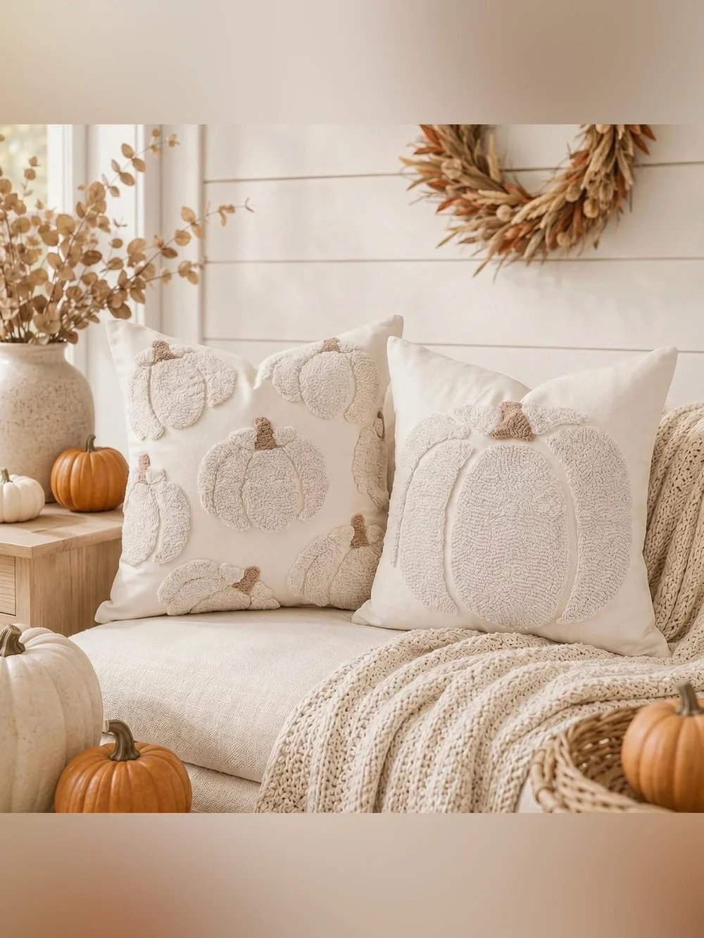 NWT Embroidered Pumpkins Throw Pillow Covers 18x 18 inch Set